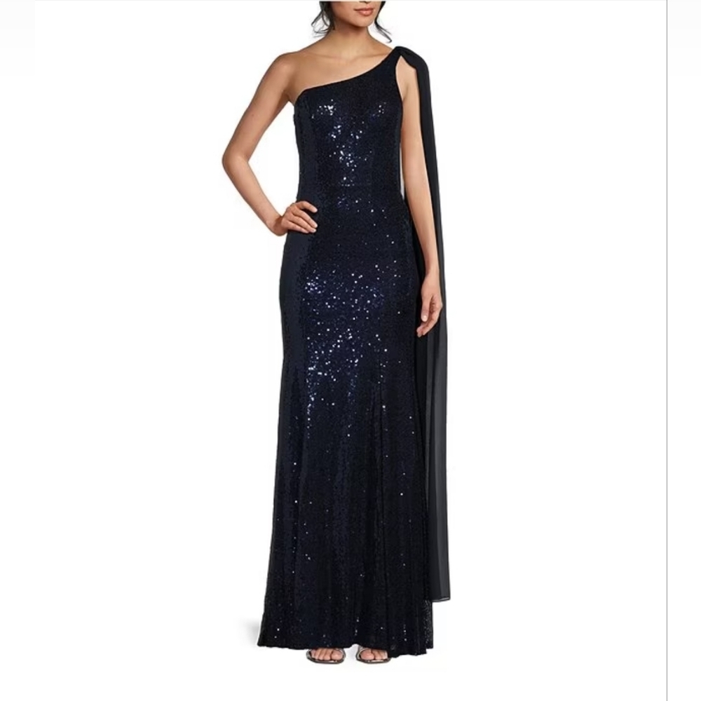 City Studio Sequin One Shoulder Fit and Flare Long Dress Navy